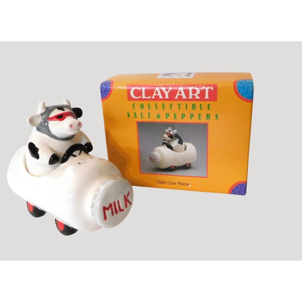 Clay Art Cow Racer Milk Can Salt Pepper Shakers Collectible 1994 Vintage Ceramic